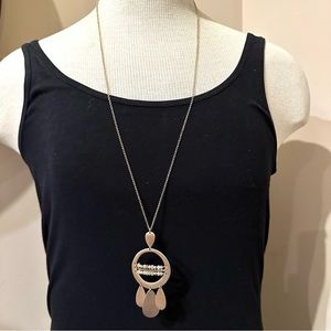 Jade & Jasper Necklace- long gold tone w/ brushed gold beaded pendant teardrop